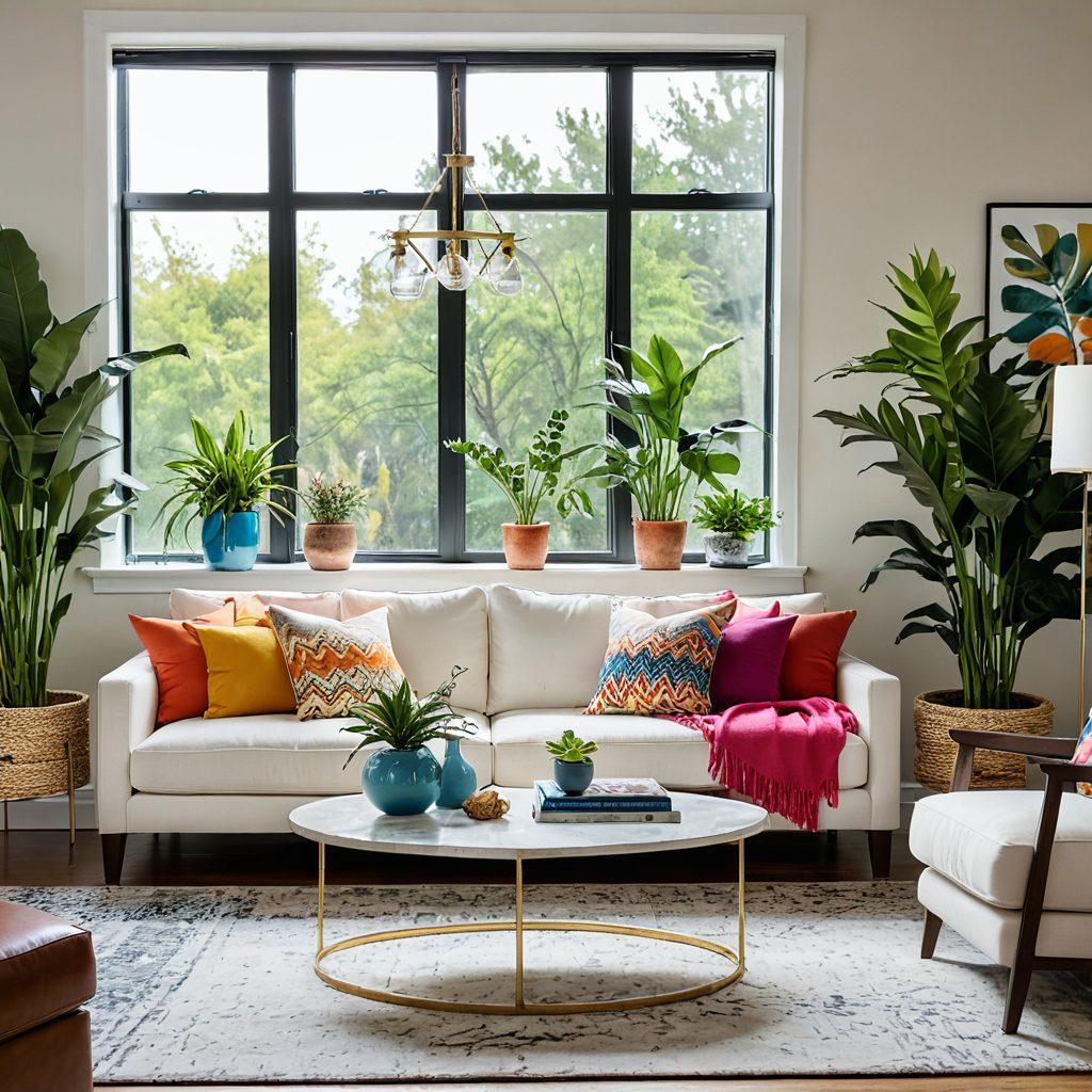 A stylish living room showcasing a fusion of modern furniture and unique decorative accents, featuring a cozy couch with colorful throw pillows, an artistic coffee table, and vibrant wall art. Soft natural light filters through large windows, illuminating indoor plants and chic accessories that reflect creativity. The space exudes comfort and contemporary elegance with a touch of quirkiness. super-realistic. vibrant colors. airy background.