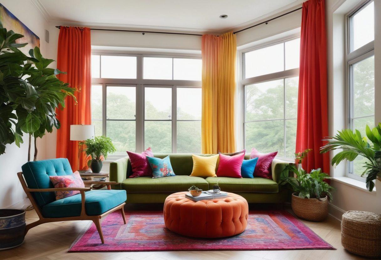 An elegant living room showcasing a blend of modern decor elements, featuring a stylish sofa, abstract wall art, and vibrant accessories. Include natural light streaming through large windows, indoor plants, and a cozy reading nook. The atmosphere should feel artistic and inviting, inspiring home transformations. super-realistic. vibrant colors. soft textures.