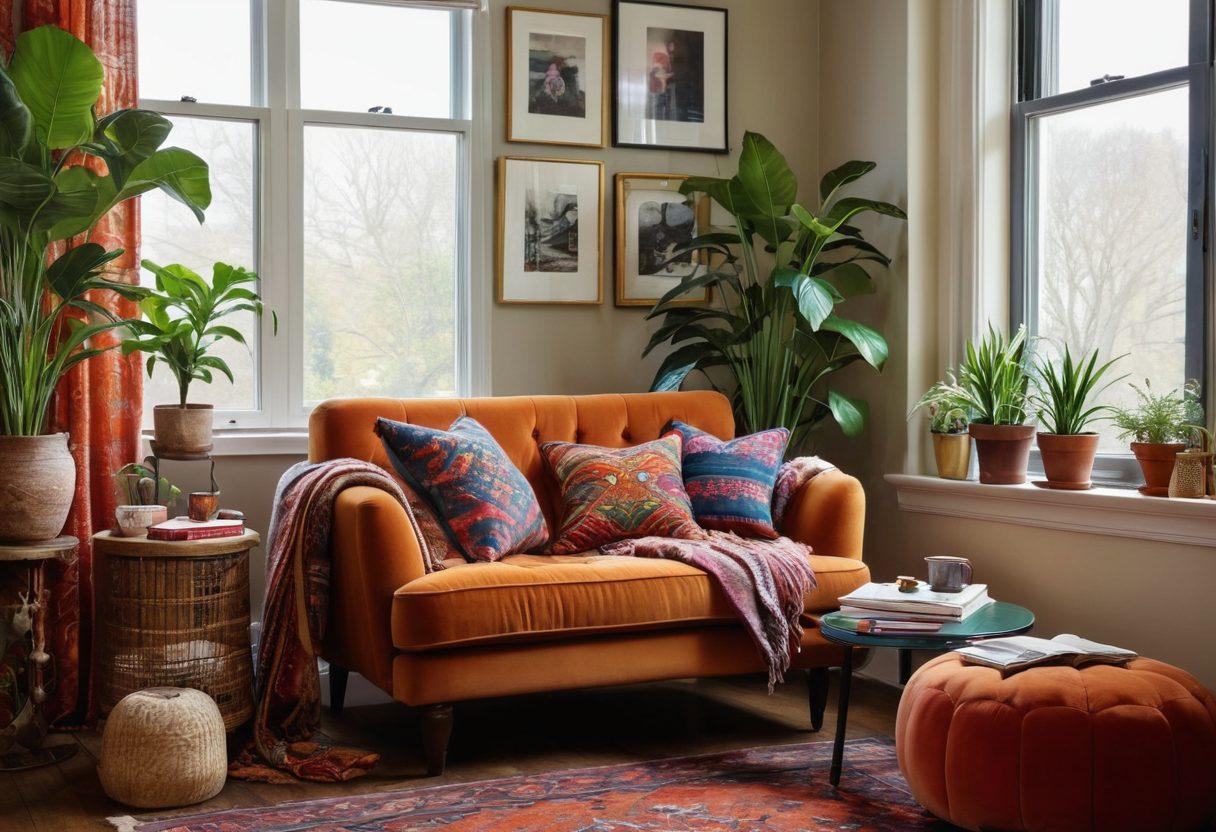 A cozy living room showcasing a blend of eclectic decor, featuring vibrant wall art, unique furniture pieces, and lush indoor plants. The scene should convey warmth and creativity, with soft lighting that highlights the textures and colors of the design elements. Incorporate cozy textiles like pillows and throws, and an inviting reading nook near a window. super-realistic. vibrant colors. warm ambiance.